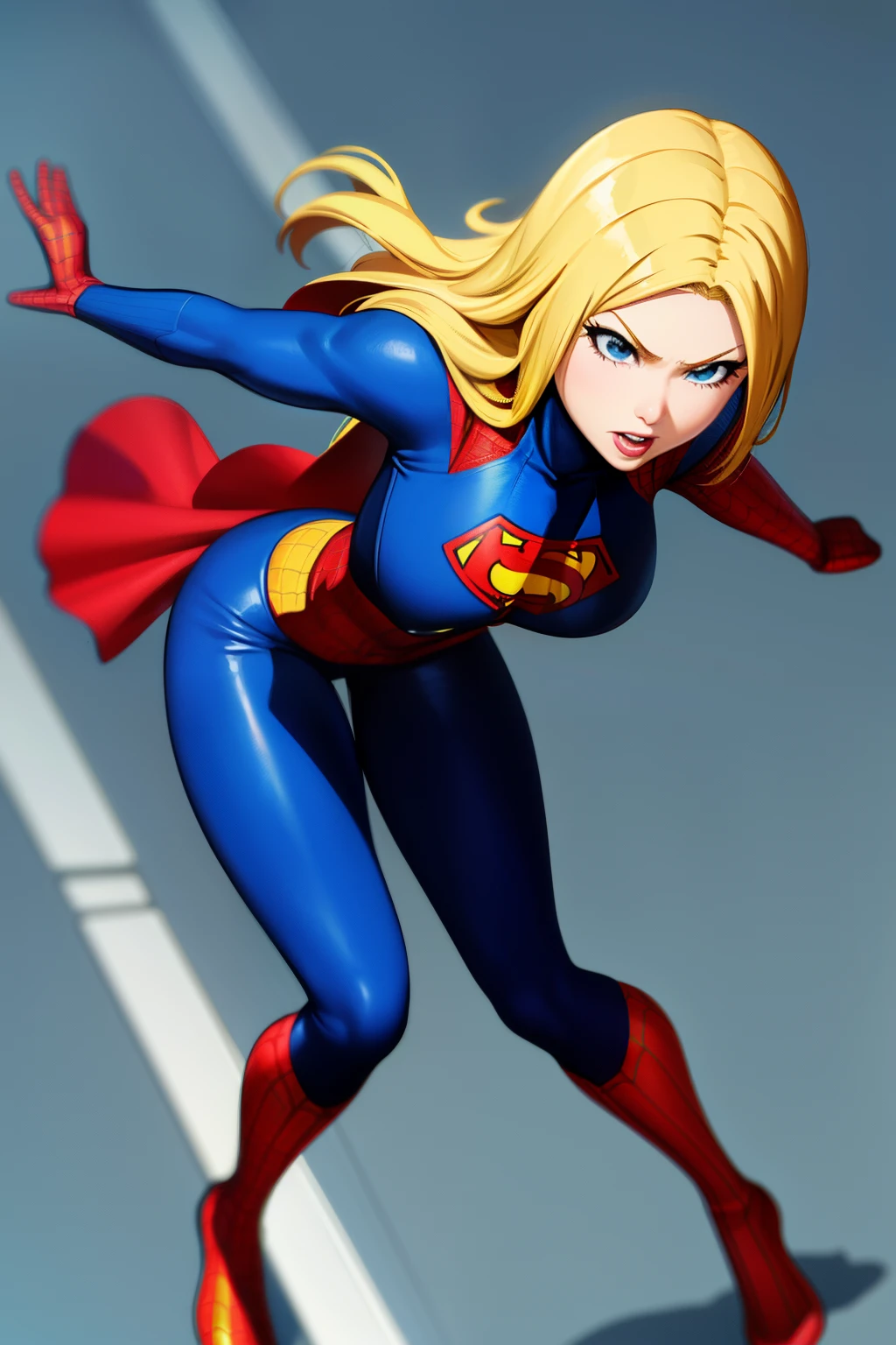 Cute girl , superhero , Tight fitting clothes, sexy body, sexy, yellow hair, Spider Man, full body, Superman, Batman,