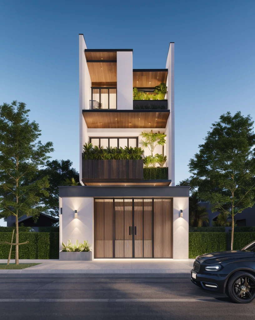 1 morden architect, main material by white wall and wood, 1large yard, 1 road runs in front of the house,  (RAW photo, real, best quality, masterpiece:1.2), look morden minimalist, 1 road in front of the house, dynamic lighting:1.3, (hyper realistic, photo-realistic:1.2), high quality, (dark lighting:1.2), perfect lighting, archdaily, no human