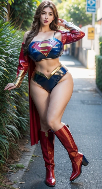 (melhor qualidade,4k,8k,alta resolução,masutepiece:1.2), (Lucy Pinder) , (BBW MILF), (30 anos), (bunda enorme: 1,9), brown hair, (seios grandes: 1,9), caminhando na rua de uma cidade, (sexy shiny supergirl costume), (bota branca), (full body photo), sexy, sensual, hot, decotes, bunda enormes. (mesmo personagem, de frente, de lado, de costas), (perfect hands), perfecteyes