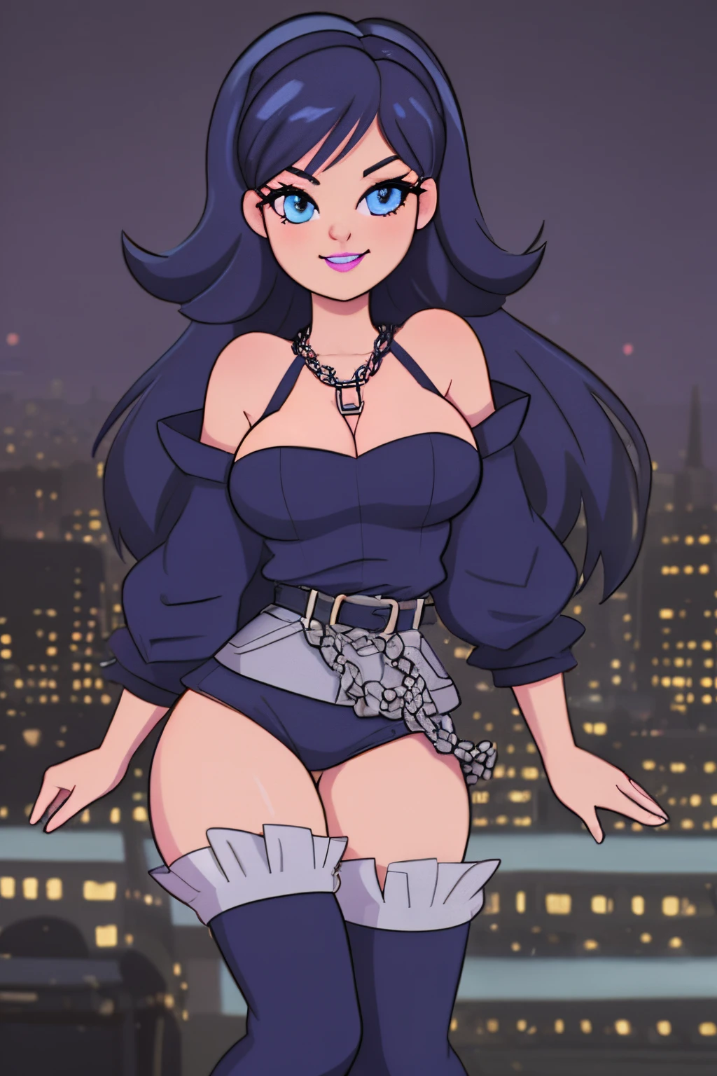 close up 1girl in, 20years, Solo, Aesthetic artwork, long dark blue hair, thick dark blue hair, light blue eyes, clear skin, pale skin, massive breasts, DD-Cup, cleavage, fit body, (round hips, thin waist: 1.25), (Sirius face, dark lipstick, sexy smile:1.1), key necklace, (wearing full length trench coat purple, tight waist belt, thigh high boots, chains:1.1), (dancing pose:1.25), (detailed city roof background:1.1), rooftop, overlooking city, 24mm, 4k textures, soft cinematic light, RAW intricate, elegant, highly detailed, sharp focus, ((((cinematic look)))), soothing tones, insane details, intricate details, hyperdetailed, low contrast, soft cinematic light, dim colors, exposure blend, hdr, faded