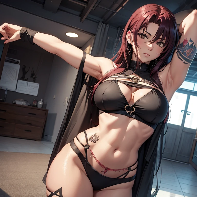revy, arm tattoo, masterpiece, best quality, absurdres, 1woman, imagine Revy being a 45-year-old woman, a little fat, looking at viewer