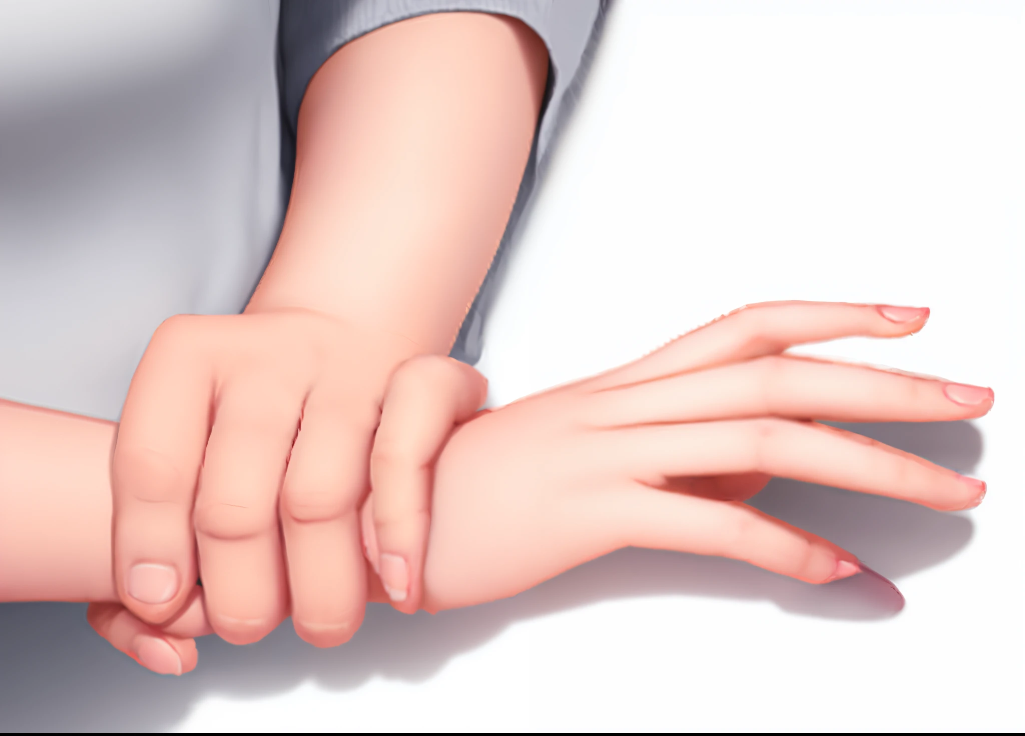 there is a woman holding her hands with both hands, laying down with wrists together, realistic hand, realistic hands, simpe hands, detailed and realistic hands, normal hands, realistic fingers, highly realistic hands, heavy gesture style closeup, corrected hands, with index finger, holding hand, across holding a hand, soft shading, realistic illustration, high detail of a hand