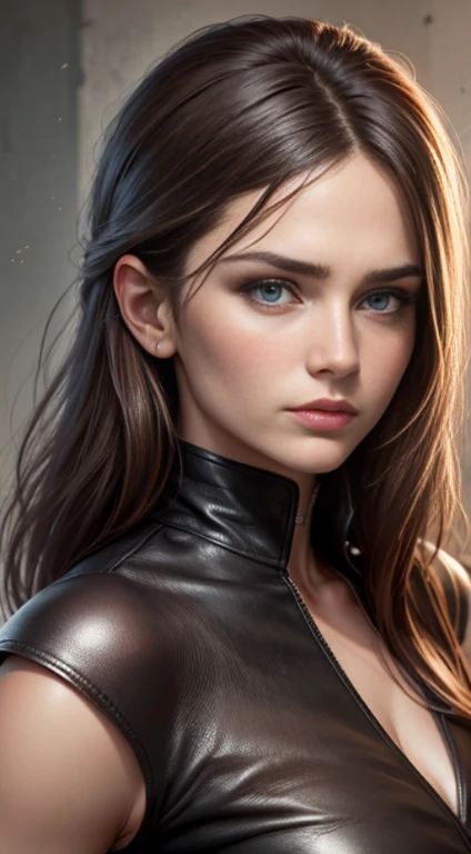 quality (photo realistic style, UHD, 16k, textured leather, hight resolution), a portrait of a beautiful woman, The perfect female face, dark colored hair, hair pulled back into two ponytails, white tshirt, wicked smile