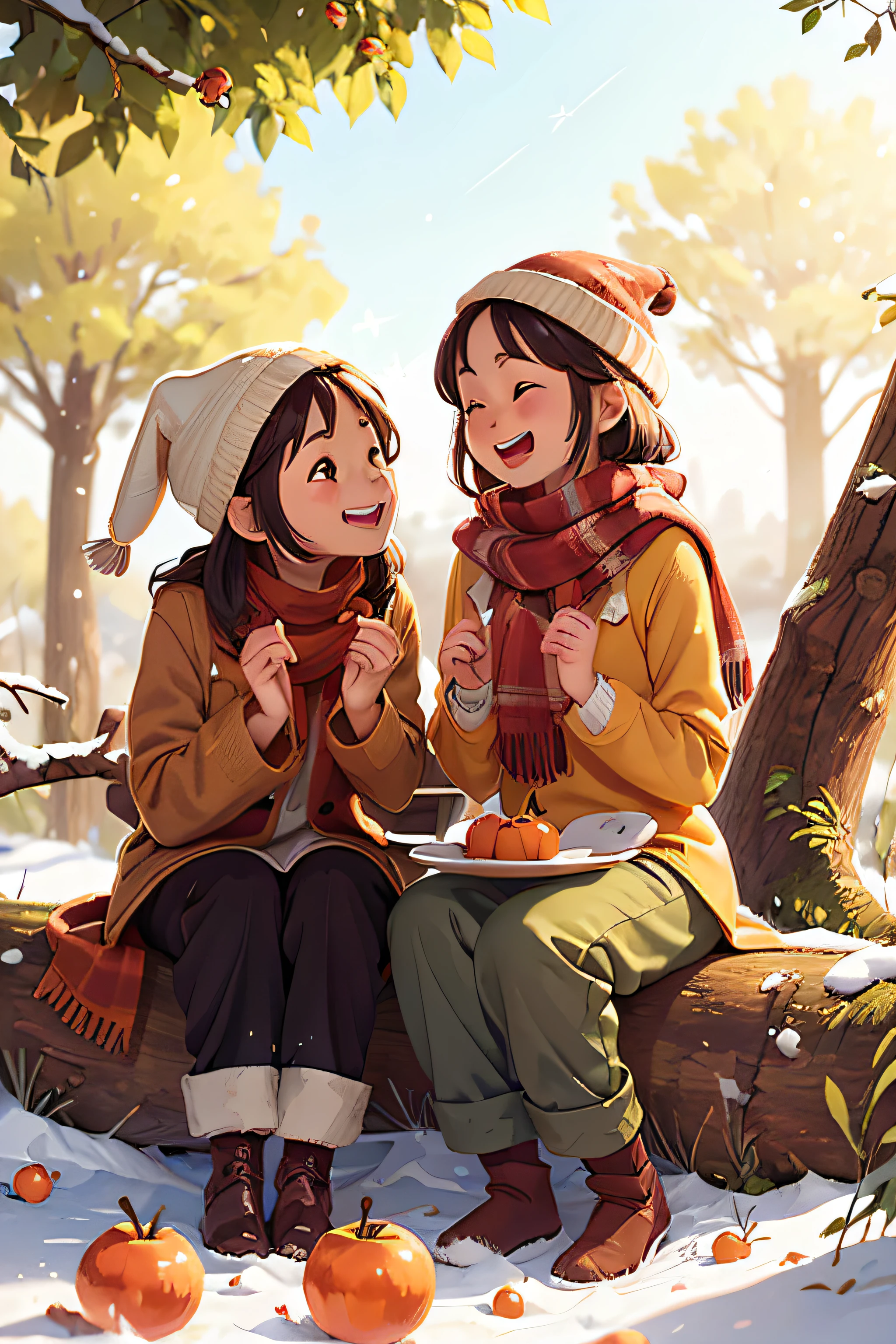 (Photorealistic:1.37),Sitting under the persimmon tree with friends，Sitting on the old tree trunk,Open your mouth and laugh,closeup of face,Wear long-sleeved trousers，Wearing a scarf and woolen hat，Snowflakes on the trees，Persimmons in hand，((Season winter)),，light wind,(It was snowing heavily:1.0),，snow landscape，Vibrant sunshine,joyful expressions,Bonds of friendship,relaxing atmosphere,serene environment,Lively conversation,A satisfied smile,laughter echoes,Moments of happiness,There is a persimmon tree next to it ，The trees are covered with persimmons，happiness sharing,Cheerful ambiance,Fun interaction,pleasant smell,lindo cenario,harmonious connection,Beauty,lighthearted conversation,warm sunlight,,Quiet environment,dance reflection,,,gentle ripples,Tranquility in the air,Memories full of laughter,winter happiness