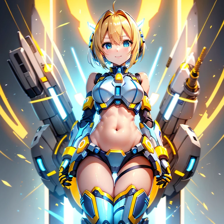 （Highest quality）,Smiling girl in a revealing see-through mechanical micro bikini in yellow and orange with shiny wet skin,Gal-like ponytail,Fully transparent glass texture micro bikini armor,水色ライトの透明なMechanical Armor,（Highest quality）,（8k）,Mechanical Armor,Show all,（Thinly visible genitals）,Accentuated breasts,Mechanical firearms equipment,Eyebrows rise,Bullish expression,Blonde,Don&#39;t blush,Laugh with your mouth closed,Standing on a white floor,White background,（Show the whole body）,View your viewers