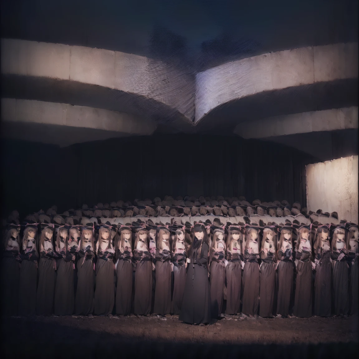 a picture、(((multiple girls))),((((6+girls)))),((((100girls)))),(((1000girls)))、((((100 Girls))))、(((crowd shot))),Women only、The same face、School Uniform、12 years old、Long black hair、100 cute girls、ssmile、Selfie stick、Classroom、Raw photo、(((Large group)))、a junior high school student