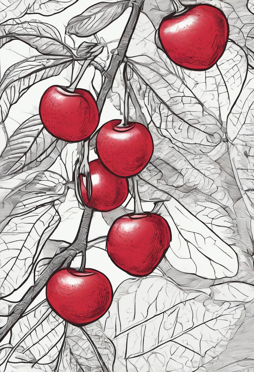 Close up of a bunch of red fruits on a tree, raspberry, &quot;Berry, fruit, wild berry vines, raspberry, Nothophagus, betula pendulum, Avatar image, birch, Illustration], scientific photography, fruit tree, Nature Photography, close up photo, close up photo, Vibrant red and green colors, cherry, plant sap, cherry