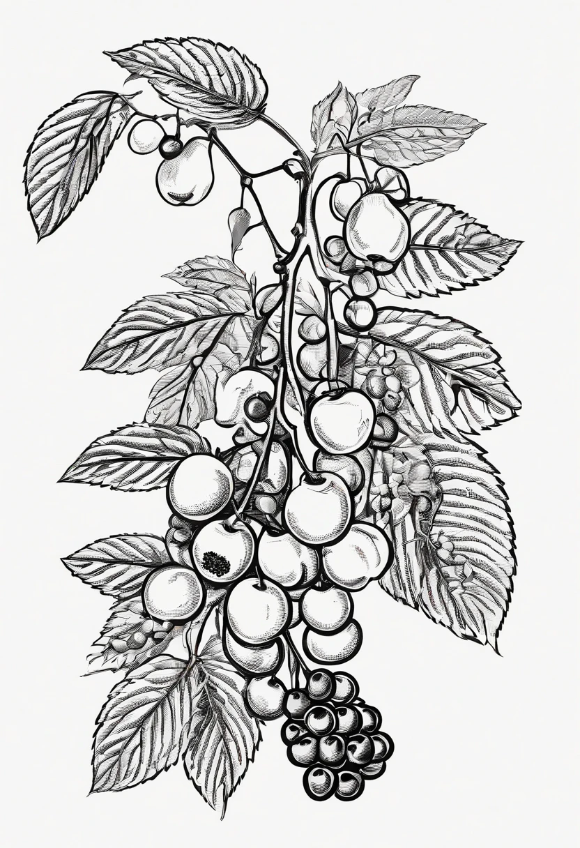 Close up of a bunch of red fruits on a tree, raspberry, &quot;Berry, fruit, wild berry vines, raspberry, Nothophagus, betula pendulum, Avatar image, birch, Illustration], scientific photography, fruit tree, Nature Photography, close up photo, close up photo, Vibrant red and green colors, cherry, plant sap, cherry