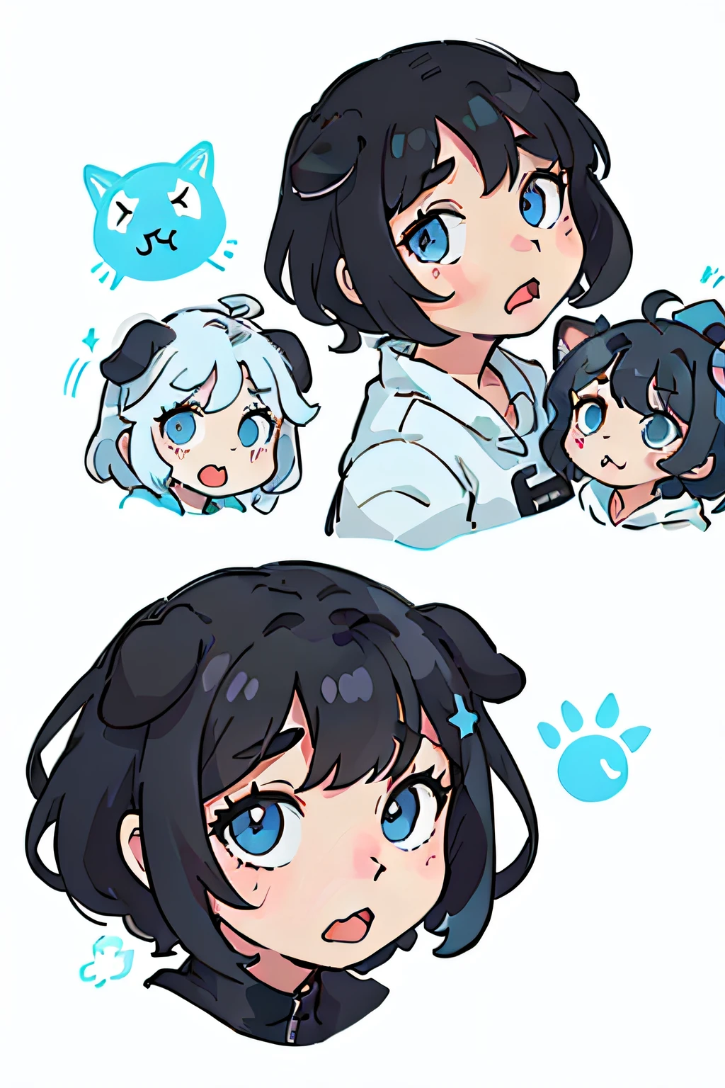 Cute puppy，black color hair，black dog ears，light blue  eyes，all kinds of expressions，Interesting，out your tongue，Expressing the，adorable eyes，white BE, illustration nii 5 style cute, emoji as illustration set, It has a bold comic line style,
Dynamic pose deep white，，F/64 group，related characters，old meme kernel