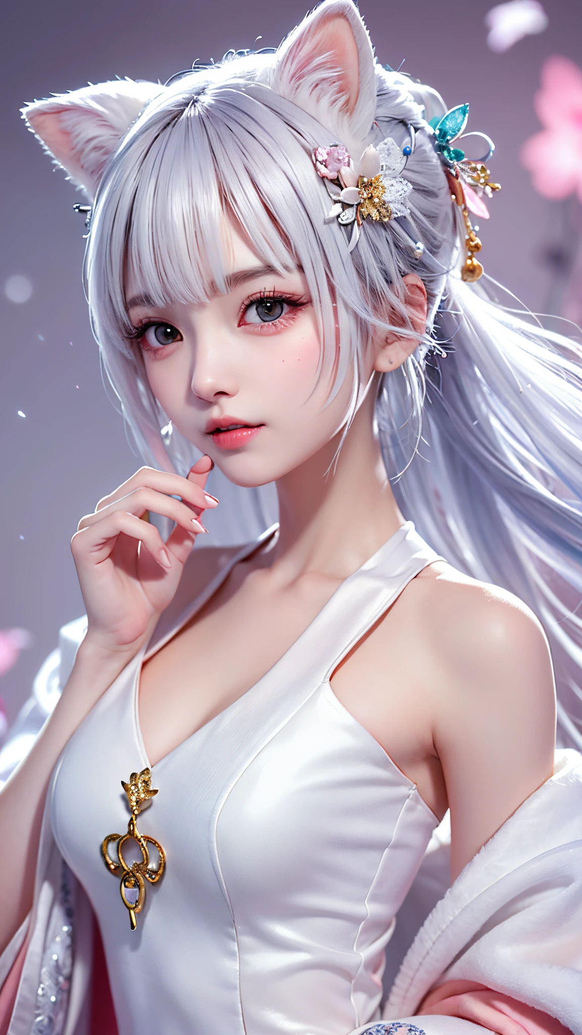 A gentle and lovely Chinese beautiful woman, delicate and sexy collarbone, charming goose egg face, double eyelids, smart peach blossom eyes, pink lips, small upturned nose, bare shoulders, focused face, face close-up, ultra HD, super detail, full body photo, ultra-thin translucence, cat ears, snowflakes falling, pure white hair, (high detail fingers: 1.5)