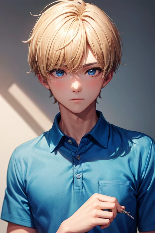 1boy, short blond hair, wearing blue polo shirt, masculine, barbie