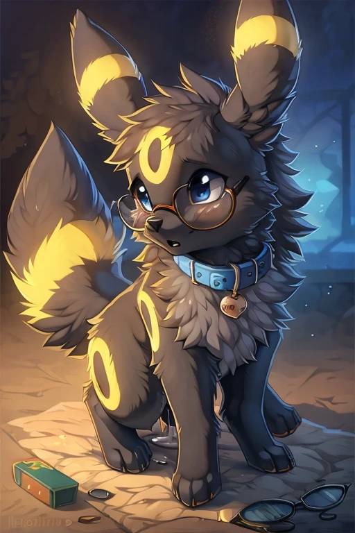 [by Hioshiru],furry, Feral, Pokemon, Long fluffy hair, glasses, Umbreon with dark grey fur, glasses, Blue eyes, embarassed, canine paws, paws for hands, short height, shortstack, crawling, heavy, collar, walkies, perk,Wearing Christmas hat between ears,canine  leaking cum