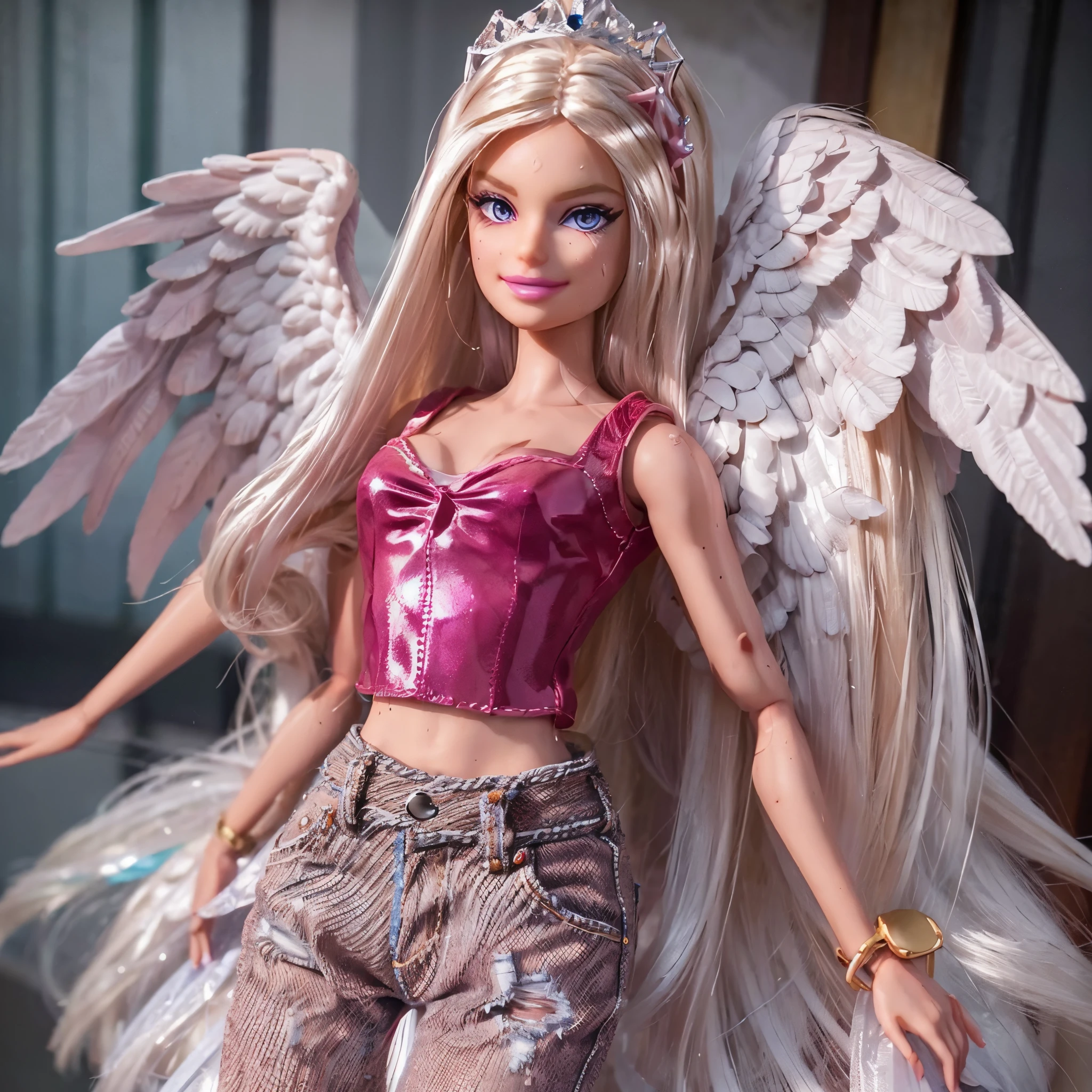 Render, 1girl, tall plastic barbie queen, walking, silicone, arrogant, mean, evil grin, cute, slim, thin, denim short, top, angel wings, crown, glowing eyes, shiny red eyes, sweaty, sweat, from below, masterpiece, photorealistic,