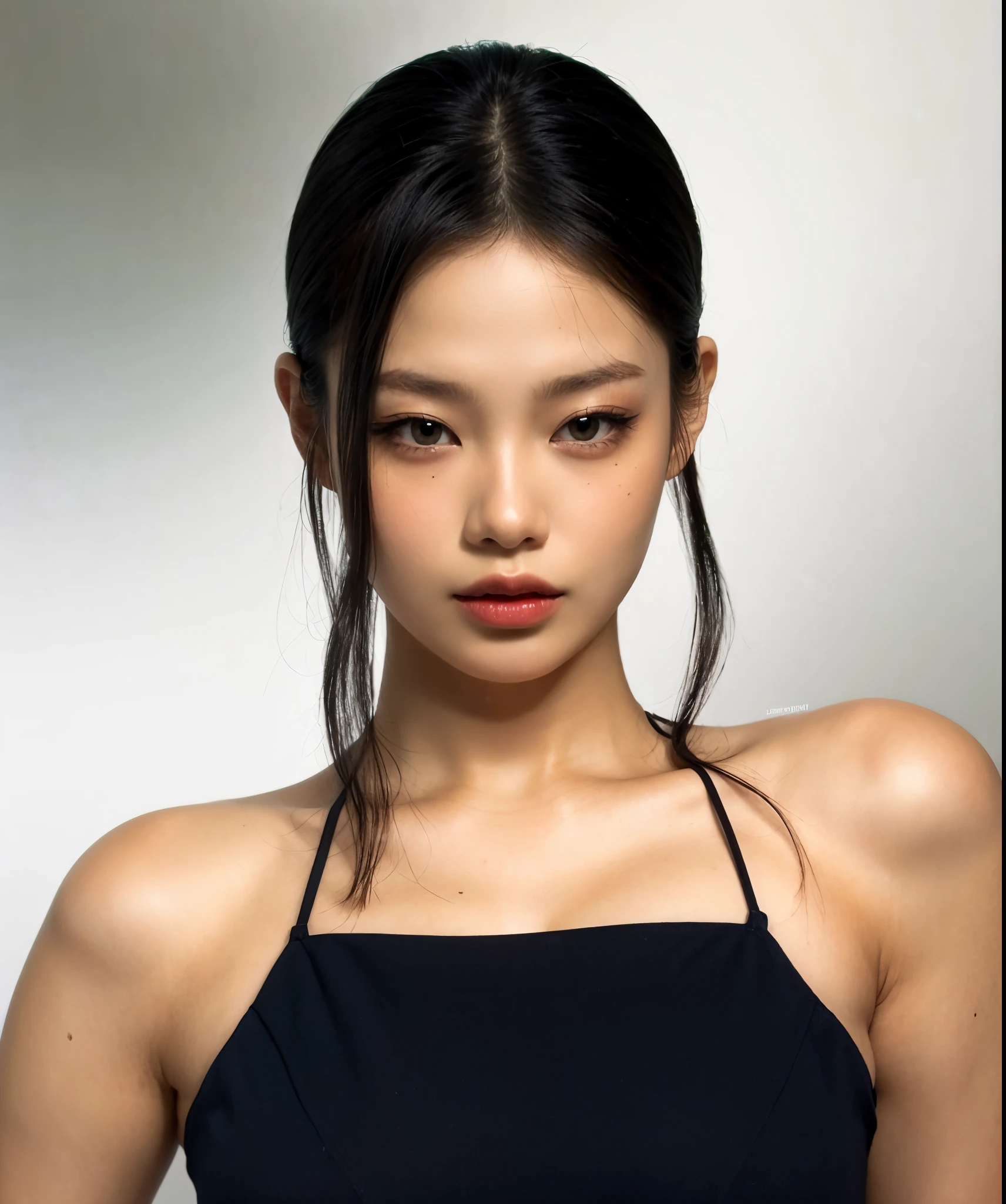 liquid thong, female focus, 1girl, solo, long hair, blue hair, earrings, jewelry, simple background, ponytail, low ponytail, grey background, extremely handsome female, (naked body), wearing micro black tiny g-string, mage long red robes, single earring, bangs, liquid hair, sky print,