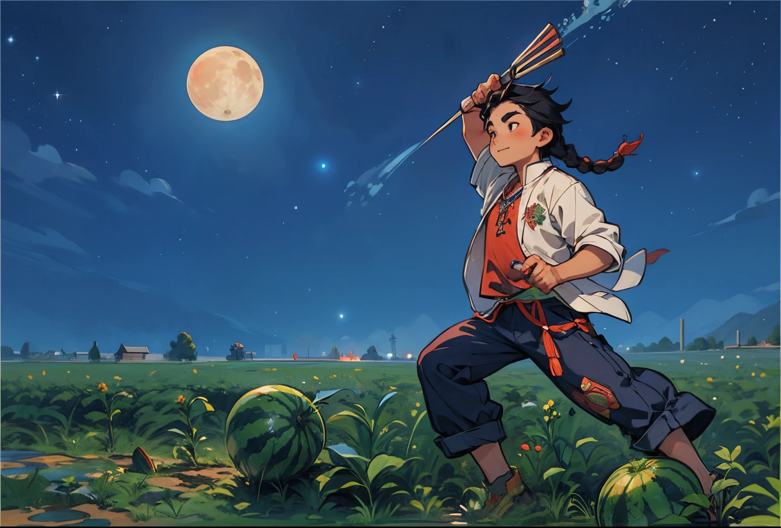 Qing Dynasty braid boy,Steel fork in hand,themoon,Watermelon field,Red belly pocket,Pants have patches,Watermelon field,nigth,starrysky