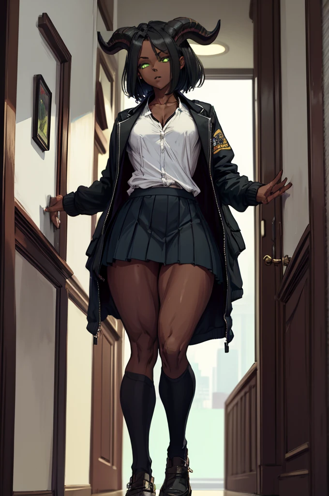 (Masterpiece) (High Detail) (High Res) (Black Skin) Looking from below A young black humanoid girl with dark skin and ebony flesh and green eyes and short black hair and goat ears and short dark goat horns and a toned teen body and average to small breasts dressed in a schoolgirl outfit wearing a pleated skirt and a school jacket at an academy in the halls