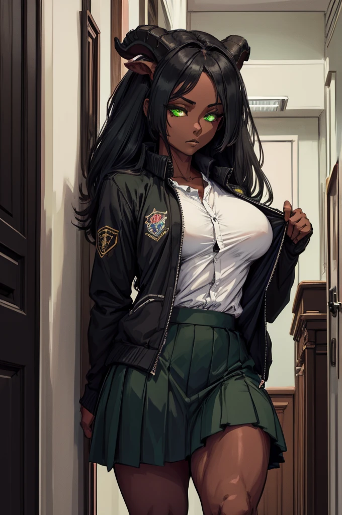 (Masterpiece) (High Detail) (High Res) (Black Skin) Looking from below A young black humanoid girl with dark skin and ebony flesh and green eyes and short black hair and goat ears and short dark goat horns and a toned teen body and average to small breasts dressed in a schoolgirl outfit wearing a pleated skirt and a school jacket at an academy in the halls