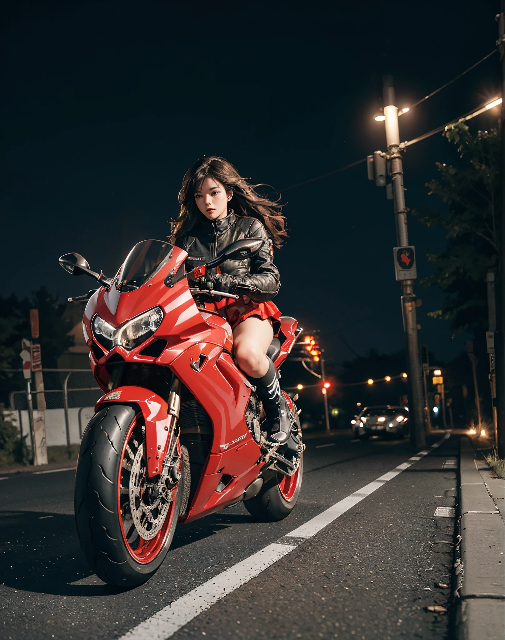 hight resolution、high-level image quality、in 8K、Real live-action、Raw photography、top-quality、​masterpiece、masutepiece、(Soft Saturation:1)、(depth of fields:1.2)、(Ray traching:1.2)、headlight、Blue glow、Shot diagonally from above、Sense of speed、((during night)), city night scene、The background is a beautiful neon cyberpunk Tokyo、city night scene、Neon light、blue light from headlights、Dynamic Poses、Dynamic camera angles、heavy wind、Big red motorcycle speeding through the city at night、((Run leaving a trail of light:1.2))、Young woman in red dress sitting on a big red motorcycle, Beautiful face、Beautiful face、(Red dress:1.2)、(Red short skirt:1.3)、white knee highs、(Red boots:1.2、Draw the toes:1.2)、perfect hand、perfect foot、perfect ankles、Perfect toes、Perfect toes、Perfect Heel:1.3、((Grasp the controller with both hands:1.2))、Slouched、put one&#39;Upper body, Lower body:1.2、Sitting on the Ducati Panigale V4,Riding the Ducati Panigale V4, Sci-fi style bikes, Sci-fi style bikes, Ducati Panigale V4 Motorcycle Rider, How to ride the Ducati Panigale V4, (Draw left and right rearview mirrors:1.3)、(headlights shine blue:1.2)、picture of a female biker, motorbike,Motorcycle displacement: Ducati Panigale V4 Details、motion-blur、(white smoke from tires:1.1)、