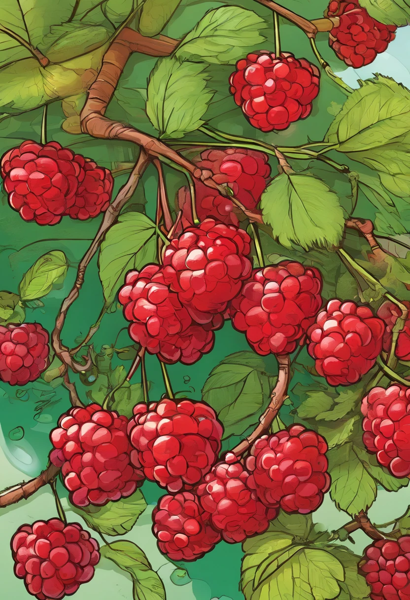 Close up of a bunch of red fruits on a tree, raspberry, &quot;Berry, fruit, wild berry vines, raspberry, Nothophagus, betula pendulum, Avatar image, birch, Illustration], scientific photography, fruit tree, Nature Photography, close up photo, close up photo, Vibrant red and green colors, cherry, plant sap, cherry