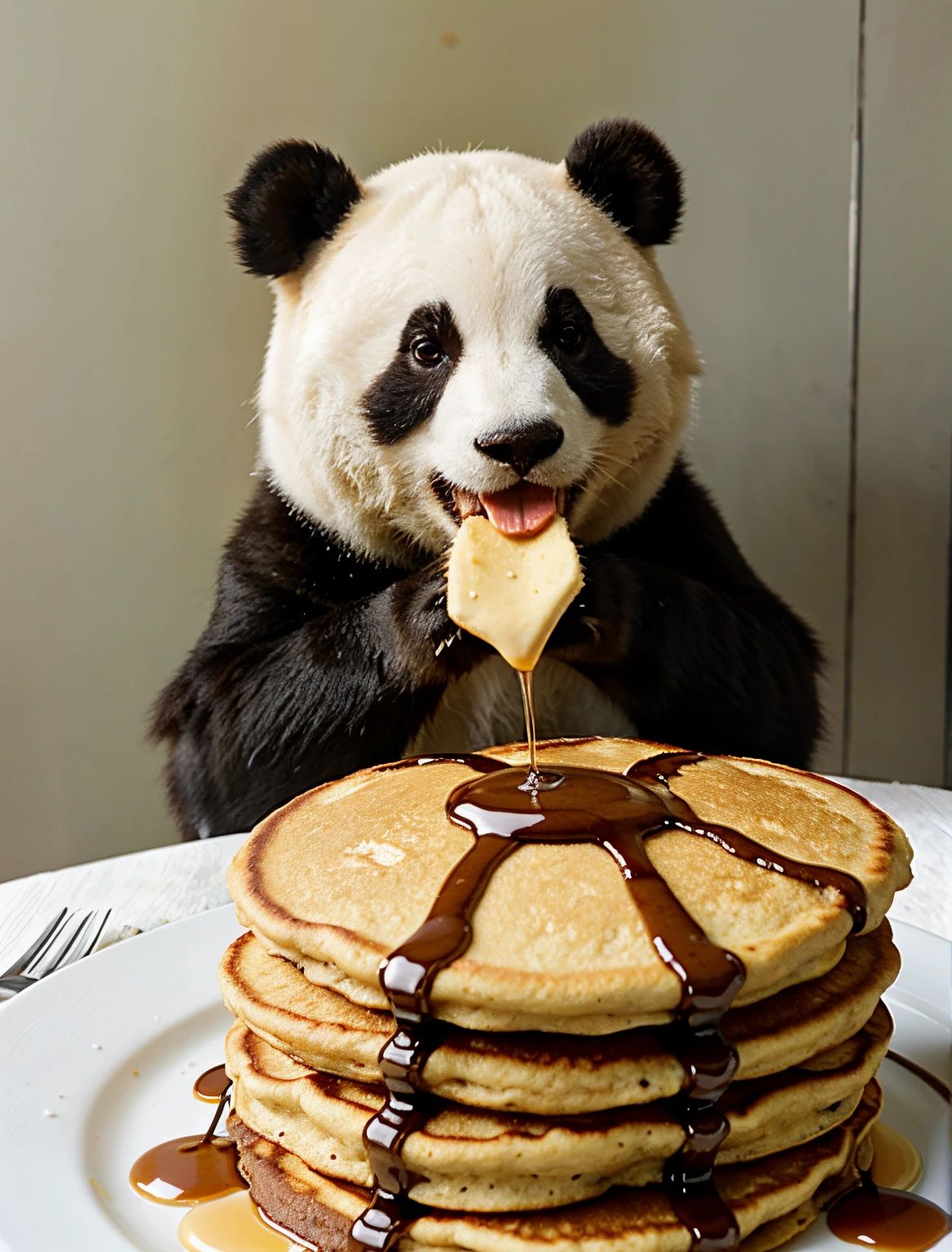 Panda bear eating pancakes