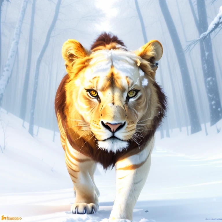 il y a un lion blanc qui marche dans la neige dans les bois, Lion blanc, 3 0, tigre, ((lion)), lion_beast, digital art animal photo, Prowling in the forest, majestueux!!! beau!!!, highly realistic photo, Lion anthropomorphe, Being majestic in the forest, beau!, avec un museau blanc, 2 0, photoréel »