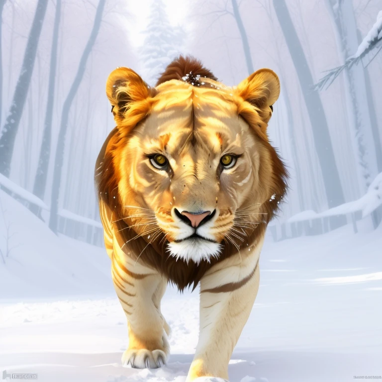 il y a un lion blanc qui marche dans la neige dans les bois, Lion blanc, 3 0, tigre, ((lion)), lion_beast, digital art animal photo, Prowling in the forest, majestueux!!! beau!!!, highly realistic photo, Lion anthropomorphe, Being majestic in the forest, beau!, avec un museau blanc, 2 0, photoréel »