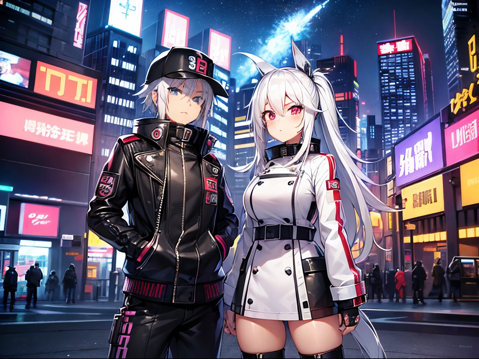 High quality、cyberpunked、girl with２a person、mechanic、comical、Anime style、white  hair、motor bikes、leather jackets、punk coloring、sity、nightcity、Street、doodle、parka、Mature、Tall Woman、Military、long boots、missiles、natta、Twosome、teammate、a picture