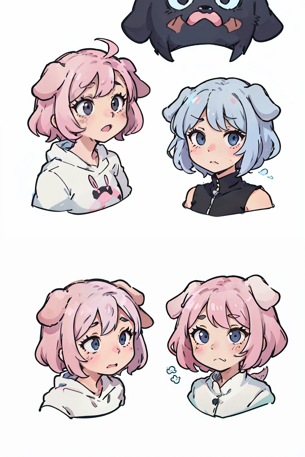 Cute pink puppy，expressions，dog ears，Various expressions，having fun，grieves，sarcastic，despondency，adorable eyes，White BE, illustration-nii 5-style cute, emoji as illustration set, with boold manga line style,
dynamic pose dark white，，f/64 groups，related characters，Old
Meme Kernel