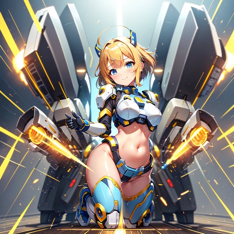 Mecha Girl、Energetic character、Brown Bob Hair、Yellow and light blue units on the head、White breastplate、Exposure of the belly、Thigh exposure、yellow armor（With light blue line）、Blue eyes、I wear yellow mechanical shoes on my feet.、Thrust your hands forward、Fires a beam from surrounding machines.、a smile、Effects of electricity、Near future、Lightly open the legs