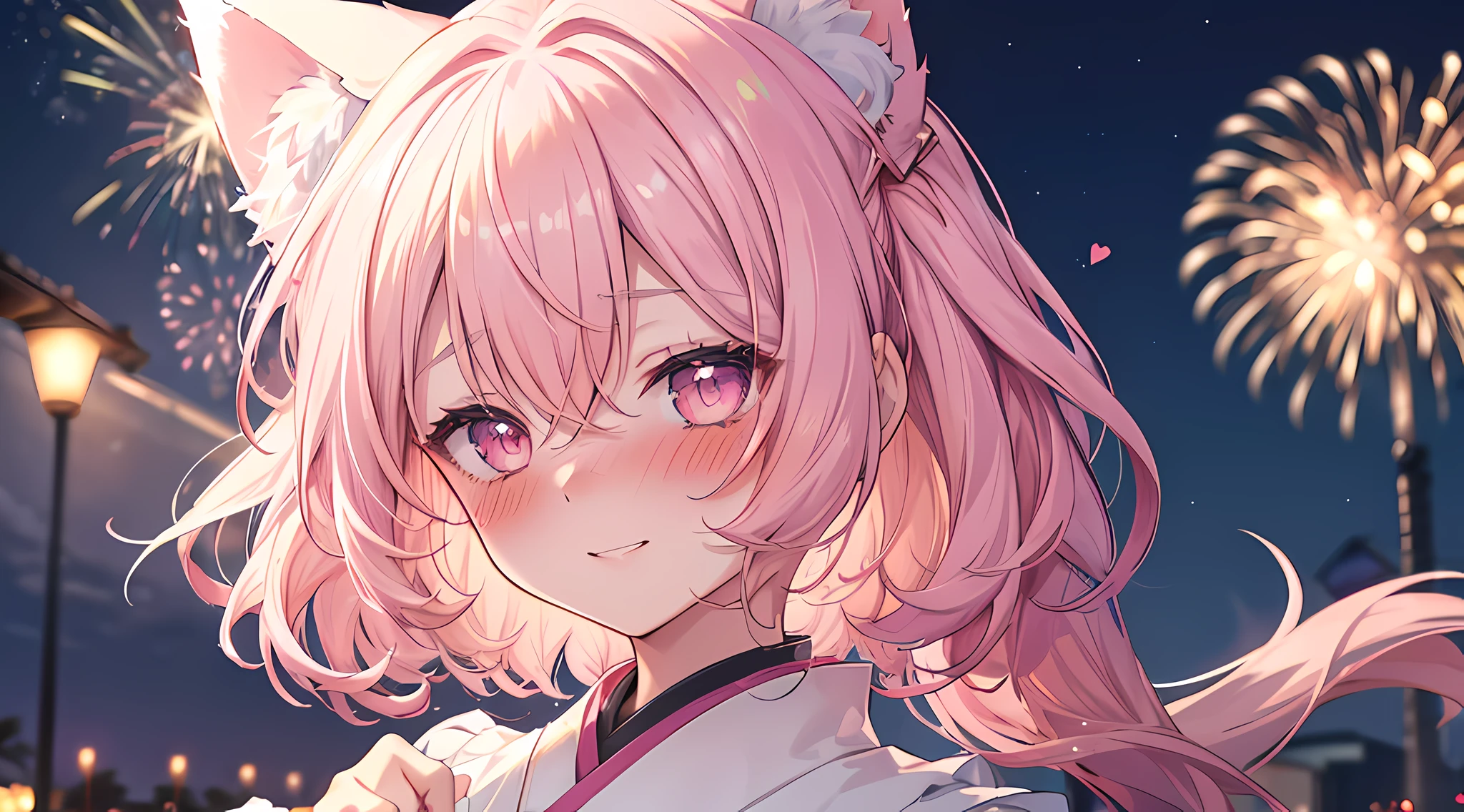 (1 cat eared girl), front lighting, (detailed face), masterpieces, 8k, ultra HD, white kimono, walking fireworks festival full of light, multi colored hair, curly hair, (blushing: 1.5), toothy smile, heart eyes, front lighting, nightime