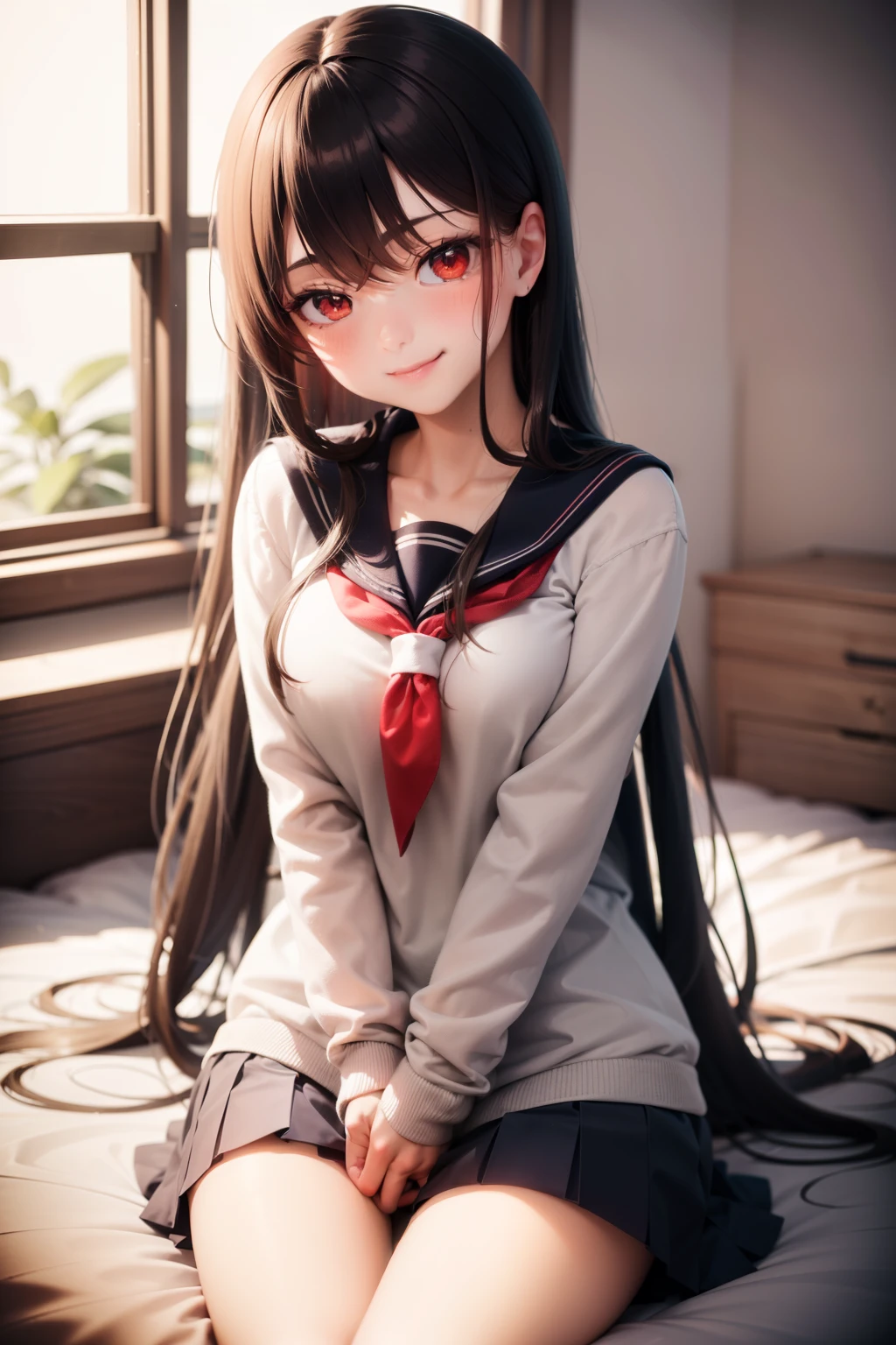 Highschool girl, looking at camera, smiling, long black hair, red eyes, sailor school uniform, hugging a pillow, sitting on the bed.