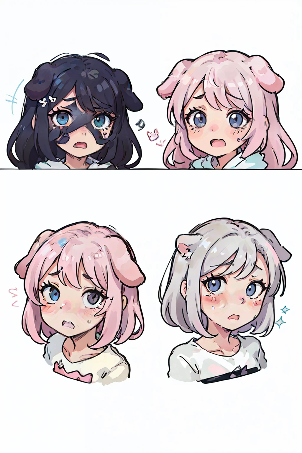 Cute pink puppy，Puppy ears，Various expressions，winking，adolable，grieves，weeping，irate，adorable eyes，white backgrounid, illustration-nii 5-style cute, emoji as illustration set, with boold manga line style, dynamic pose dark white，，f/64 groups，related characters，Old Meme Kernel，expressions