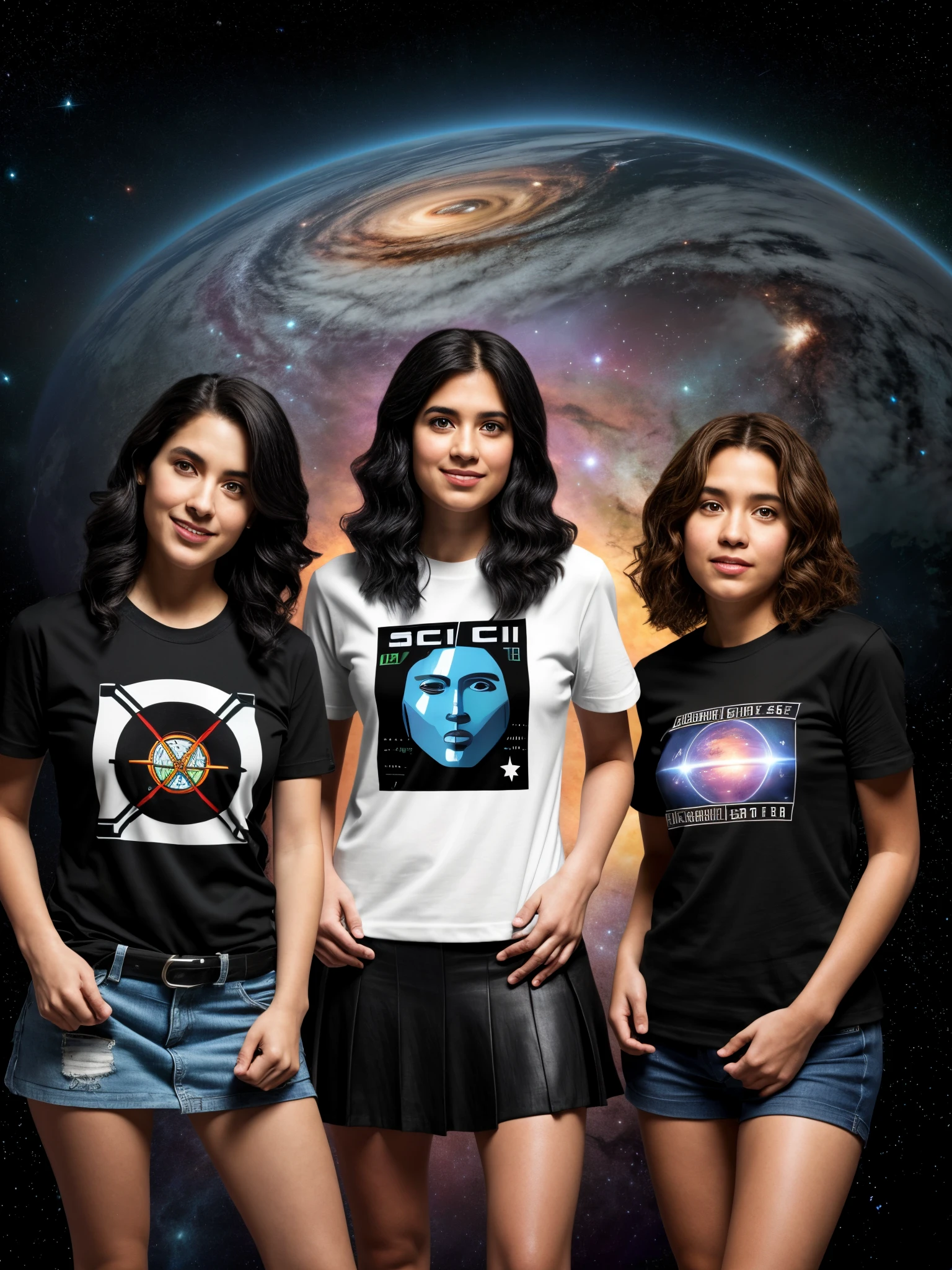 three women with t-shirts that say schl girl, Sci - F, sci-fi feminino, SSCI-FI, SSCI - FI, scientific fiction, Sci - Fi!!!, Sci - Fi!!, Sci - Fi!!!!, SC-FI, # Sci - Fi, Esqui - CI, garota, sci se, Sci-Fi themed