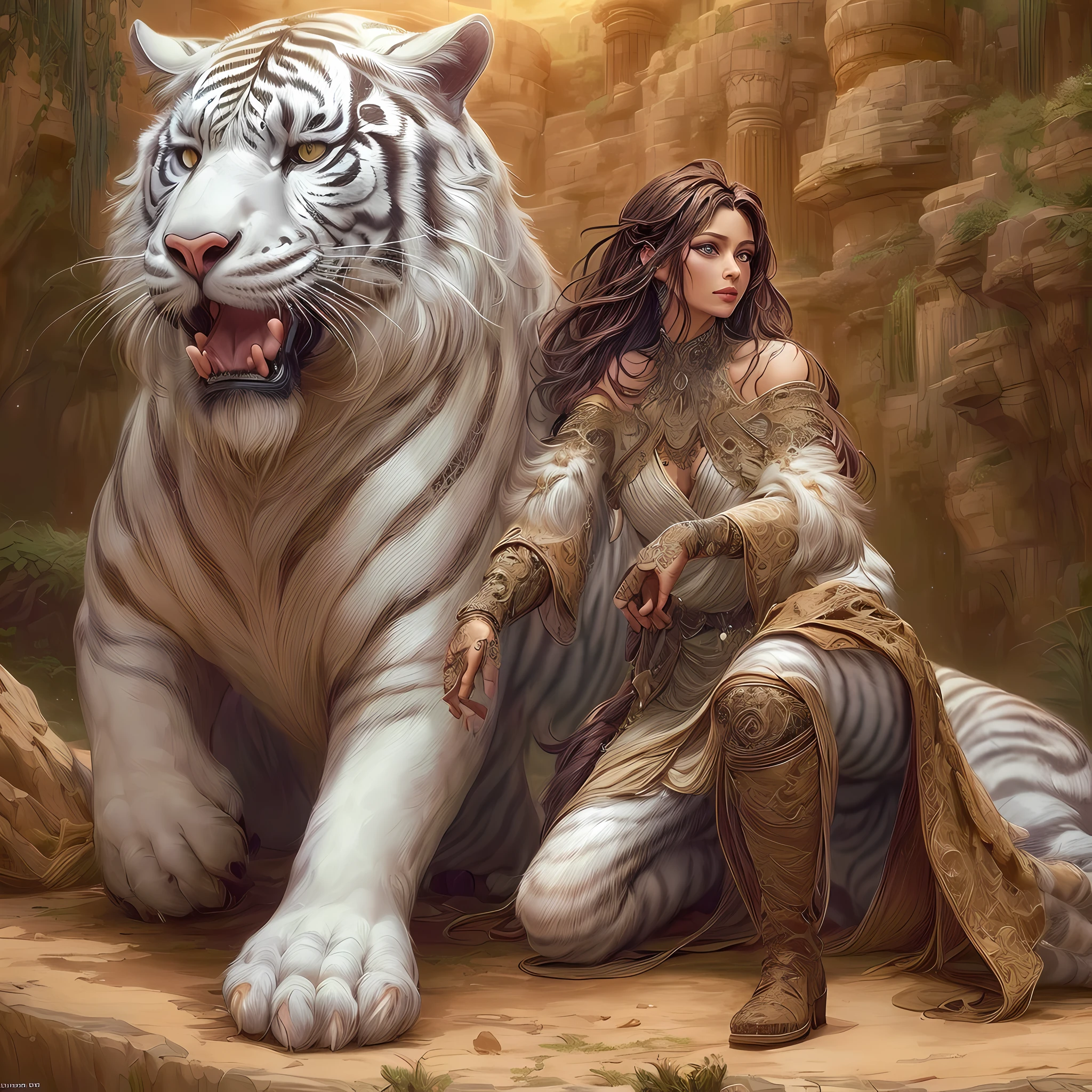 high details, best quality, 16k, RAW, [ultra detailed], masterpiece, best quality, (extremely detailed), dynamic angle, ultra wide shot, RAW, photorealistic, fantasy art,, rpg art, realistic art, a wide angle picture of a female human druid and her pet white tiger, priest of nature, cleric of nature, full body, [[anatomically correct]]. knelling woman (1.5 intricate details, Masterpiece, best quality) talking to a  white tiger (intricate details, Masterpiece, best quality: 1.5) in desert  (intricate details, Masterpiece, best quality: 1.5), a female  wearing leather clothes ( (intricate details, Masterpiece, best quality: 1.4) leather boots, thick hair, long hair, brown hair, tan skin intense brown eyes, desert background (intense details), a stream flowing in an oasis ( (intricate details, Masterpiece, best quality: 1.5), night, moon light, stars ( (intricate details, Masterpiece, best quality: 1.5)), dynamic angle,  (intricate details, Masterpiece, best quality: 1.5)), high details, best quality, highres, ultra wide angle
