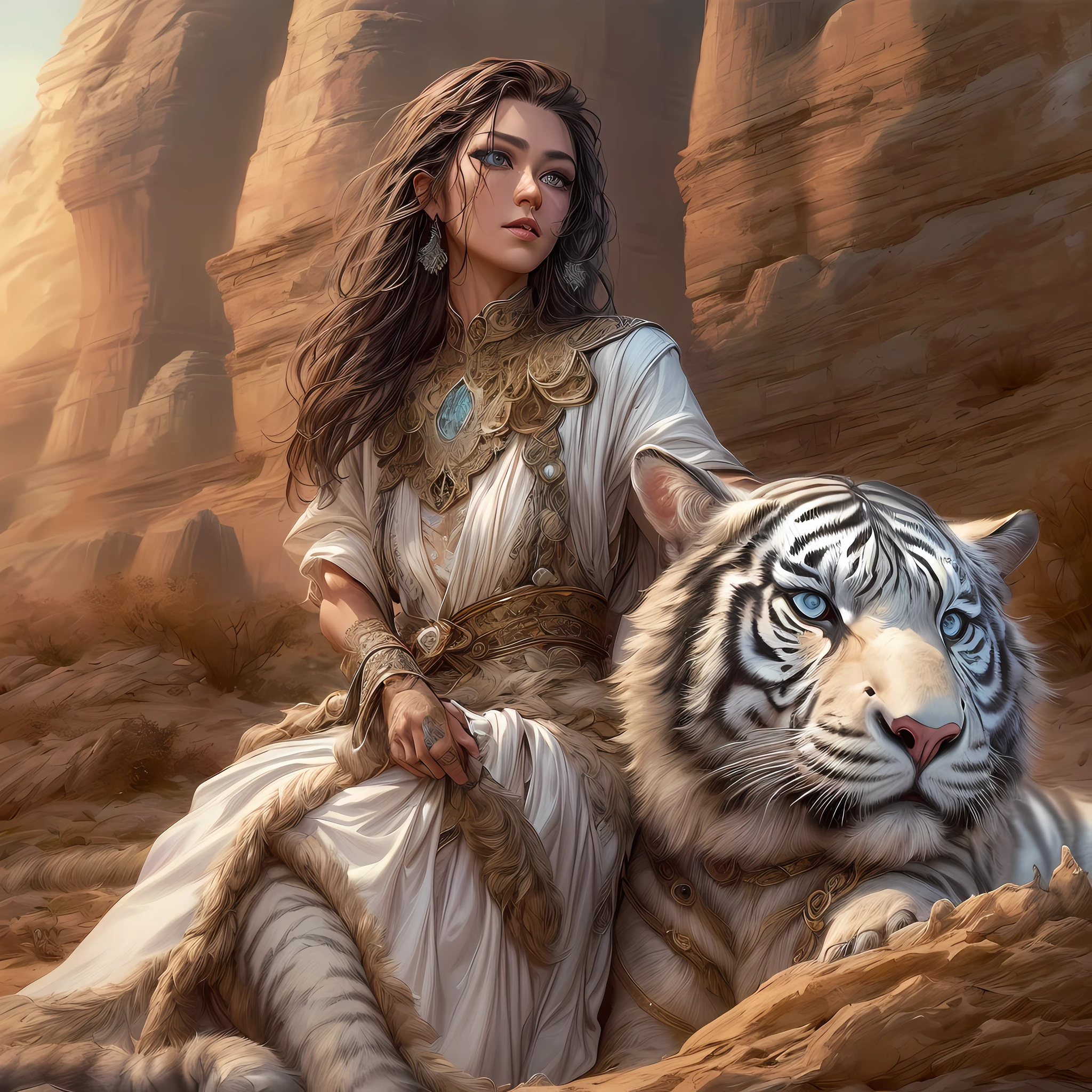 high details, best quality, 16k, RAW, [ultra detailed], masterpiece, best quality, (extremely detailed), dynamic angle, ultra wide shot, RAW, photorealistic, fantasy art,, rpg art, realistic art, a wide angle picture of a female human druid and her pet white tiger, priest of nature, cleric of nature, full body, [[anatomically correct]]. knelling woman (1.5 intricate details, Masterpiece, best quality) talking to a  white tiger (intricate details, Masterpiece, best quality: 1.5) in desert  (intricate details, Masterpiece, best quality: 1.5), a female  wearing leather clothes ( (intricate details, Masterpiece, best quality: 1.4) leather boots, thick hair, long hair, brown hair, tan skin intense brown eyes, desert background (intense details), a stream flowing in an oasis ( (intricate details, Masterpiece, best quality: 1.5), night, moon light, stars ( (intricate details, Masterpiece, best quality: 1.5)), dynamic angle,  (intricate details, Masterpiece, best quality: 1.5)), high details, best quality, highres, ultra wide angle