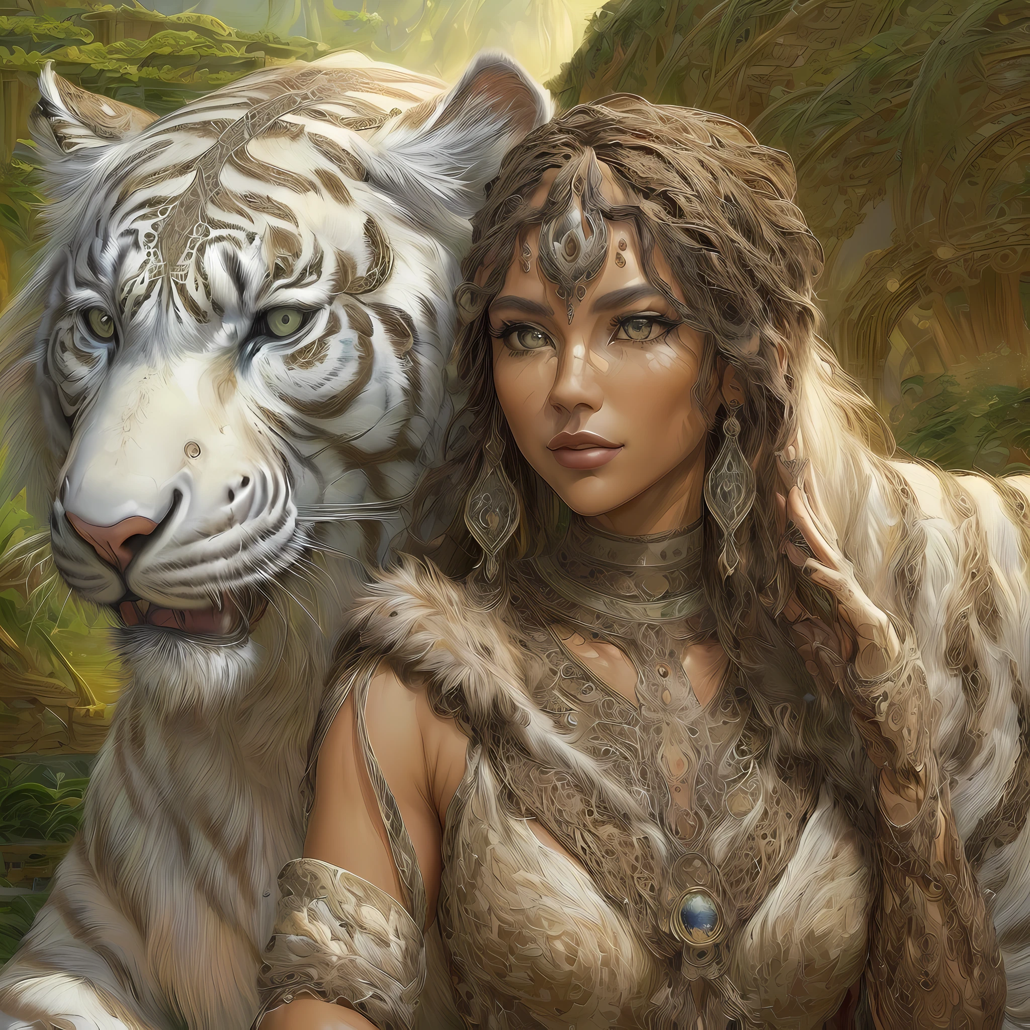 high details, best quality, 16k, RAW, [ultra detailed], masterpiece, best quality, (extremely detailed), dynamic angle, ultra wide shot, RAW, photorealistic, fantasy art,, rpg art, realistic art, a wide angle picture of a female human druid and her pet white tiger, priest of nature, cleric of nature, full body, [[anatomically correct]]. knelling woman (1.5 intricate details, Masterpiece, best quality) talking to a  white tiger (intricate details, Masterpiece, best quality: 1.5) in desert  (intricate details, Masterpiece, best quality: 1.5), a female  wearing leather clothes ( (intricate details, Masterpiece, best quality: 1.4) leather boots, thick hair, long hair, brown hair, tan skin intense brown eyes, desert background (intense details), a stream flowing in an oasis ( (intricate details, Masterpiece, best quality: 1.5), night, moon light, stars ( (intricate details, Masterpiece, best quality: 1.5)), dynamic angle,  (intricate details, Masterpiece, best quality: 1.5)), high details, best quality, highres, ultra wide angle