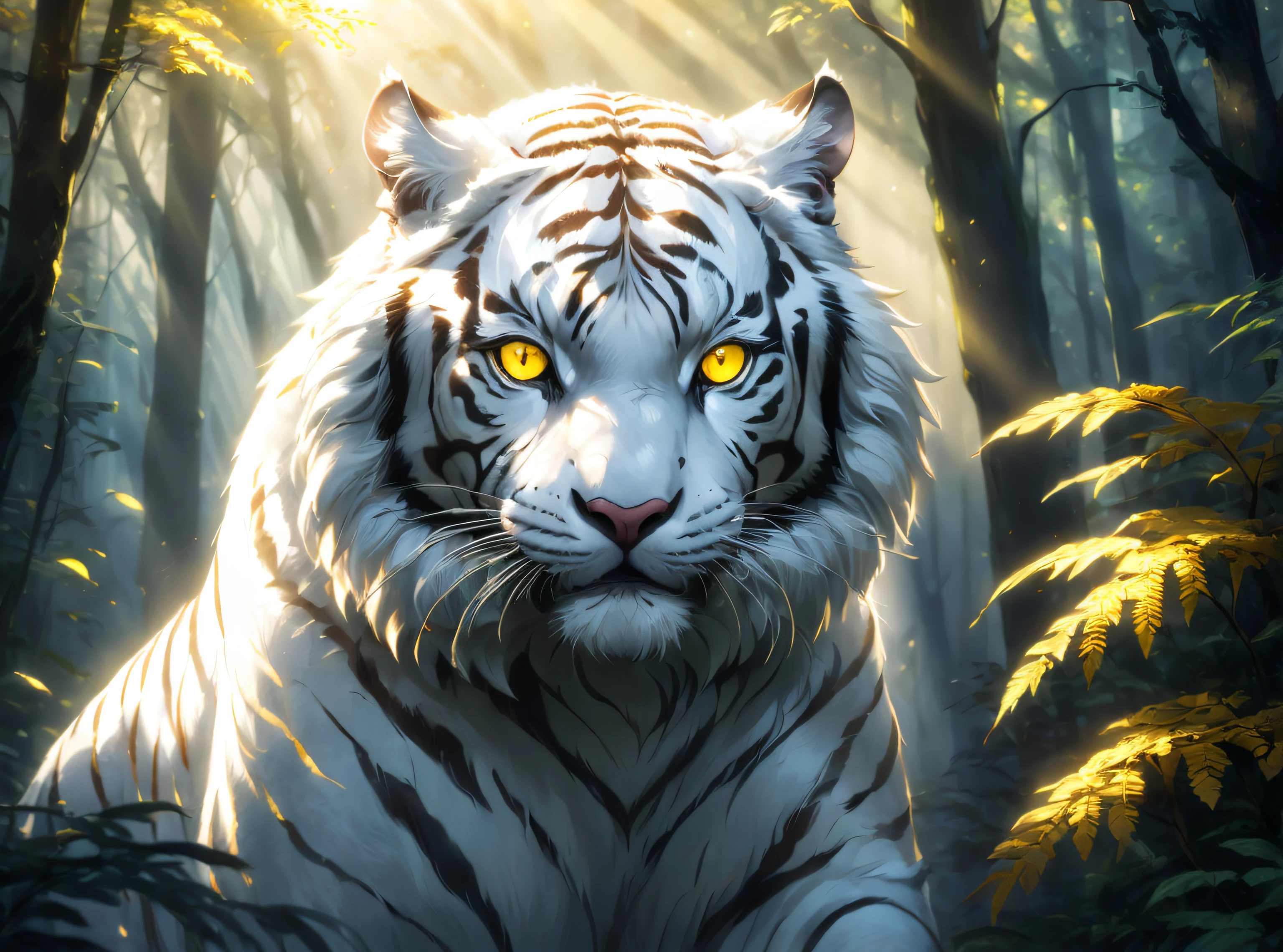 masterpiece, (best quality, highres), 8k, white tiger, forest, vivid colors, detailed fur texture, sunlight, ethereal lighting