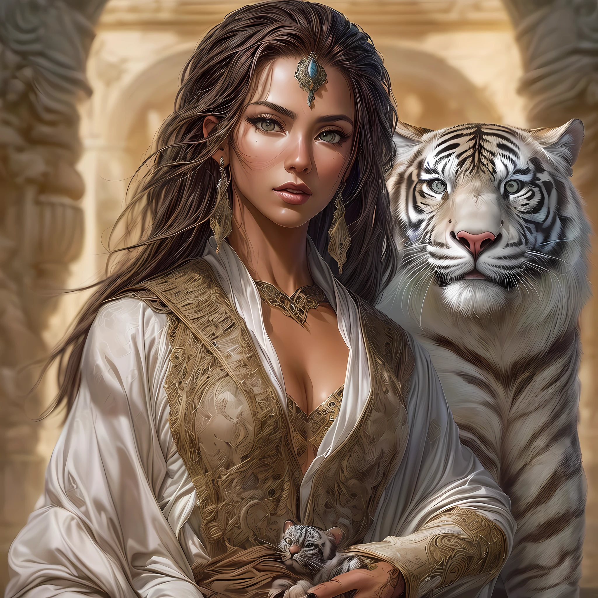 Sexy hot hindu female god white outfit holding trishul nearly lion beautiful face HD