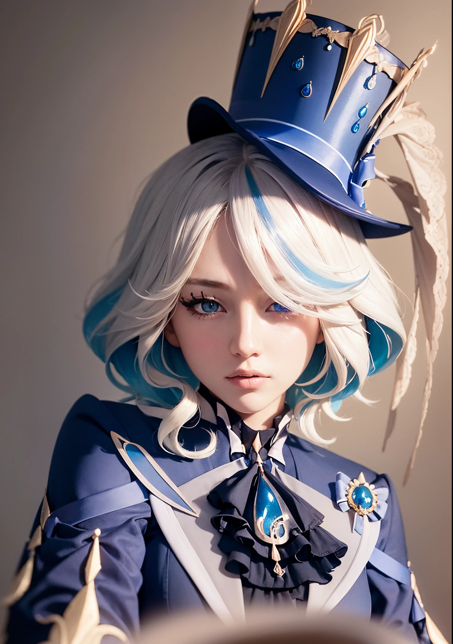 photoRealstic、Dynamic lighting、art stations、poster for、Volume Lighting、extra detailed face、Hats、8K、Raw photo、hight resolution、awardwinning、女の子 1 人、cowboy shot、long、white hair、The background is full of flowers、a large amount of flowers、