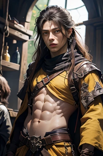 Handsome men ,RPG、Small eyes、tied up long hair、fantasy style clothing、yellow outfit、wearing a long yellow bandana、Black hair、I can see some abs