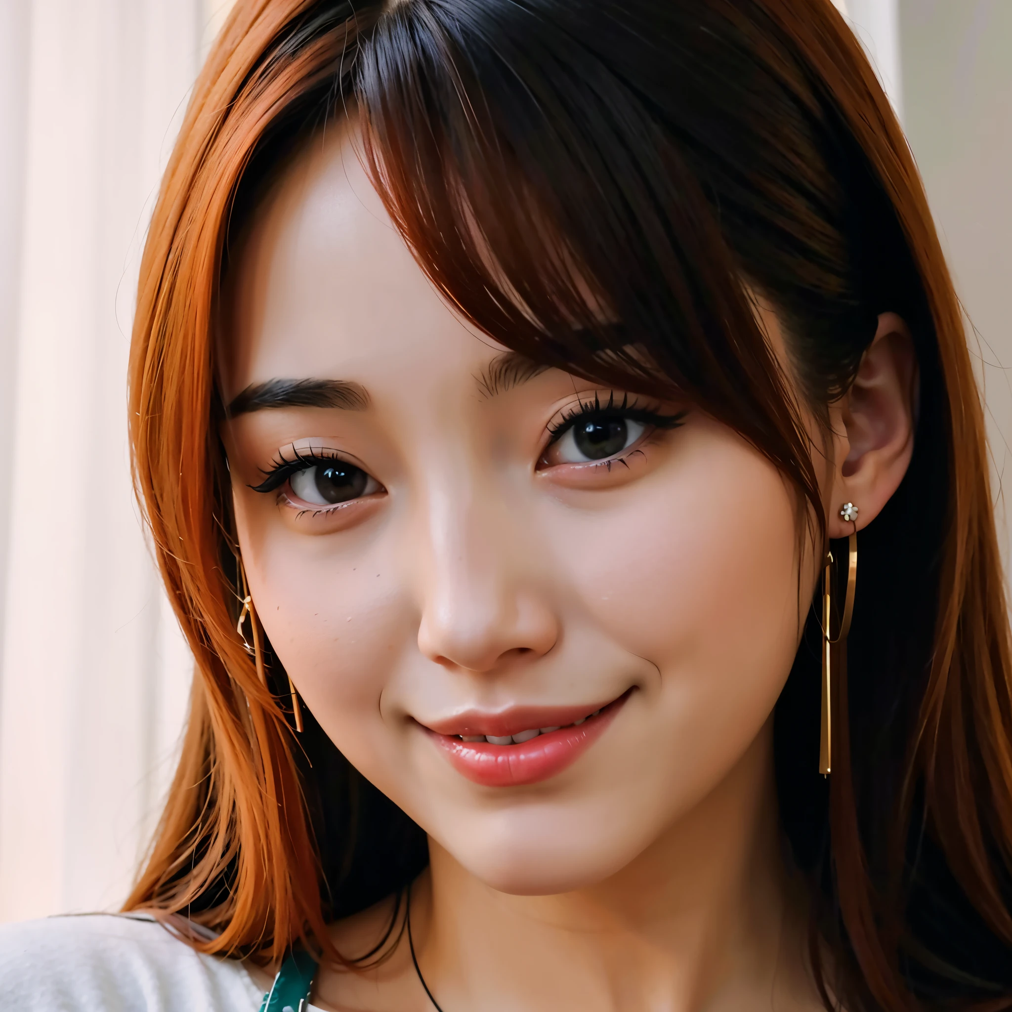 araffed (arafed) Long red hair、Asian woman wearing earrings posing for photo, gorgeous young korean woman, beautiful young korean woman, beautiful Korean women, Young and cute Korean face, Portrait of a Korean female idol, Korean girls, kpop idol portrait, Cute Korean face, korean woman, Korean facial features, Korean symmetrical face, kawaii realistic portrait, Asian beautiful face