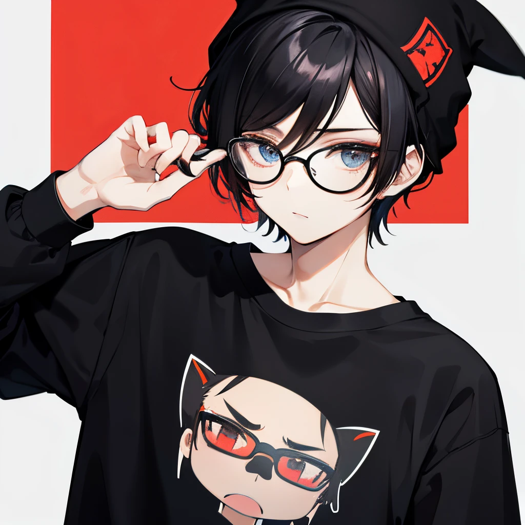 Hot, ,Black-haired anime boy guy male with pale skin, black glasses, scene kid hair, black t-shirt and red beanie