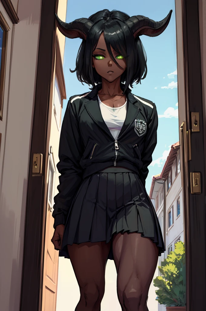 (Masterpiece) (High Detail) (High Res) (Black Skin) Looking from below A young teenage black humanoid girl with dark skin and ebony flesh and green eyes and short black hair and goat ears and short dark goat horns and a toned teen body and average to small breasts dressed in a schoolgirl outfit wearing a pleated skirt and a school jacket at an academy in the halls