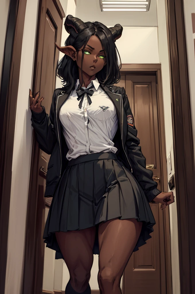 (Masterpiece) (High Detail) (High Res) (Black Skin) Looking from below A young teenage black humanoid girl with dark skin and ebony flesh and green eyes and short black hair and goat ears and short dark goat horns and a toned teen body and average to small breasts dressed in a schoolgirl outfit wearing a pleated skirt and a school jacket at an academy in the halls