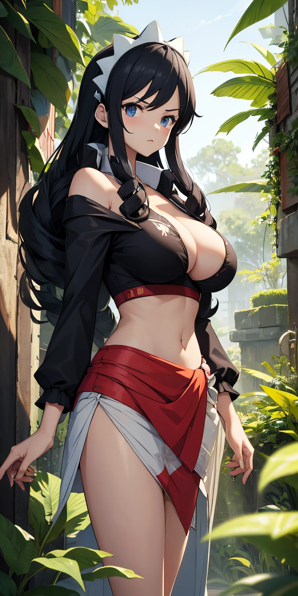Best quality at best,tmasterpiece,8k wallpaper,sporty attire,frontal photos,Large breasts,looking at the camera in,Off-the-shoulder attire,Ridiculous resources, A high resolution, ultra - detailed, (ung beautiful girl, Alone:1.1), black hair color hair,navel,sarong, Large breasts, 鎖骨, partial decompression, jaket, Printed sarong,hand on ass,a plant, Eau, everlasting, 废墟,optics_Rays,