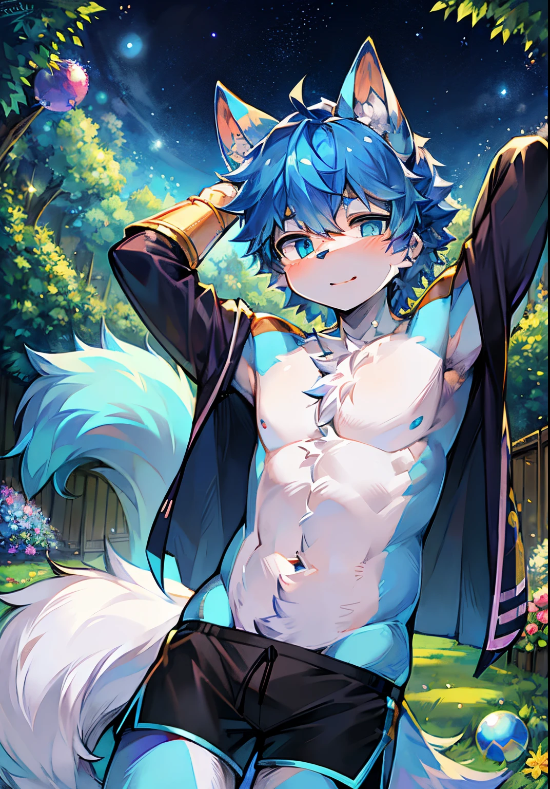 spheres，trpical garden，short detailed hair，blue  hair，starrysky，Blue fur everywhere，Wolf ears，Wolf type，Big fluffy tail，tmasterpiece，High-quality portraits，shaggy, shaggy male, malefocus, eyes with brightness, in a panoramic view, Character focus，Black sports shorts,male people，Blue eyes，Naked upper body，adolable