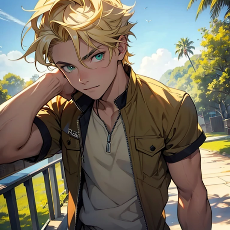A 19 year old boy, handsome, fit, blonde hair, green eyes, prince, bright sky, look at viewer