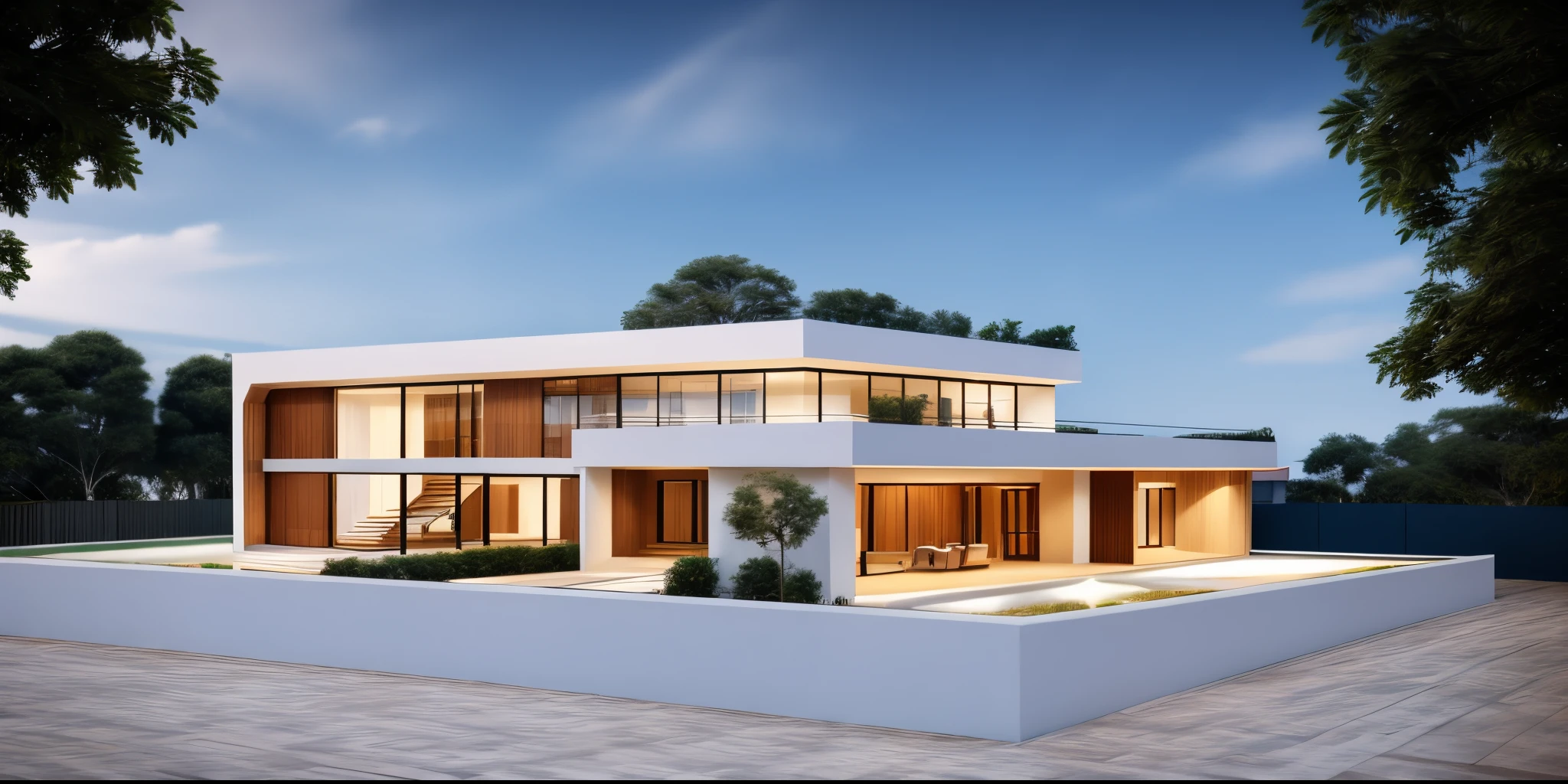 Perspective of a modern house with a large enough front yard, main materials are light yellow walls, stone and wood, a road running in front of the house, (RAW photo, real, best quality, masterpiece: 1.2), current view modern minimalist, 1 street in front of house, shime ring light, indoor brightness:1.2, dynamic lighting:1.3, (hyper-realistic, photo-realistic:1.2), high quality, daylight, contrast high:0.5 perfect light, Archdaily, contemporary masterpiece award, award winning contemporary, beautifully designed masterpiece, spacious modern mansion, modern neo-traditional, wide angle exterior 2022 , mid-century modern, contemporary home, stylish modern feel, long front view, award-winning modern design, stunning lines, residential, exquisite details, indoors gently:1.3