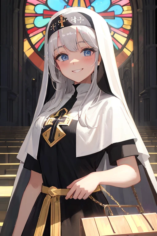 delisha,1girl,white hair,solo,looking at viewer,long hair,<lora:delisha_20230628235820:0.7>,outdoor,Headdress,nun,
