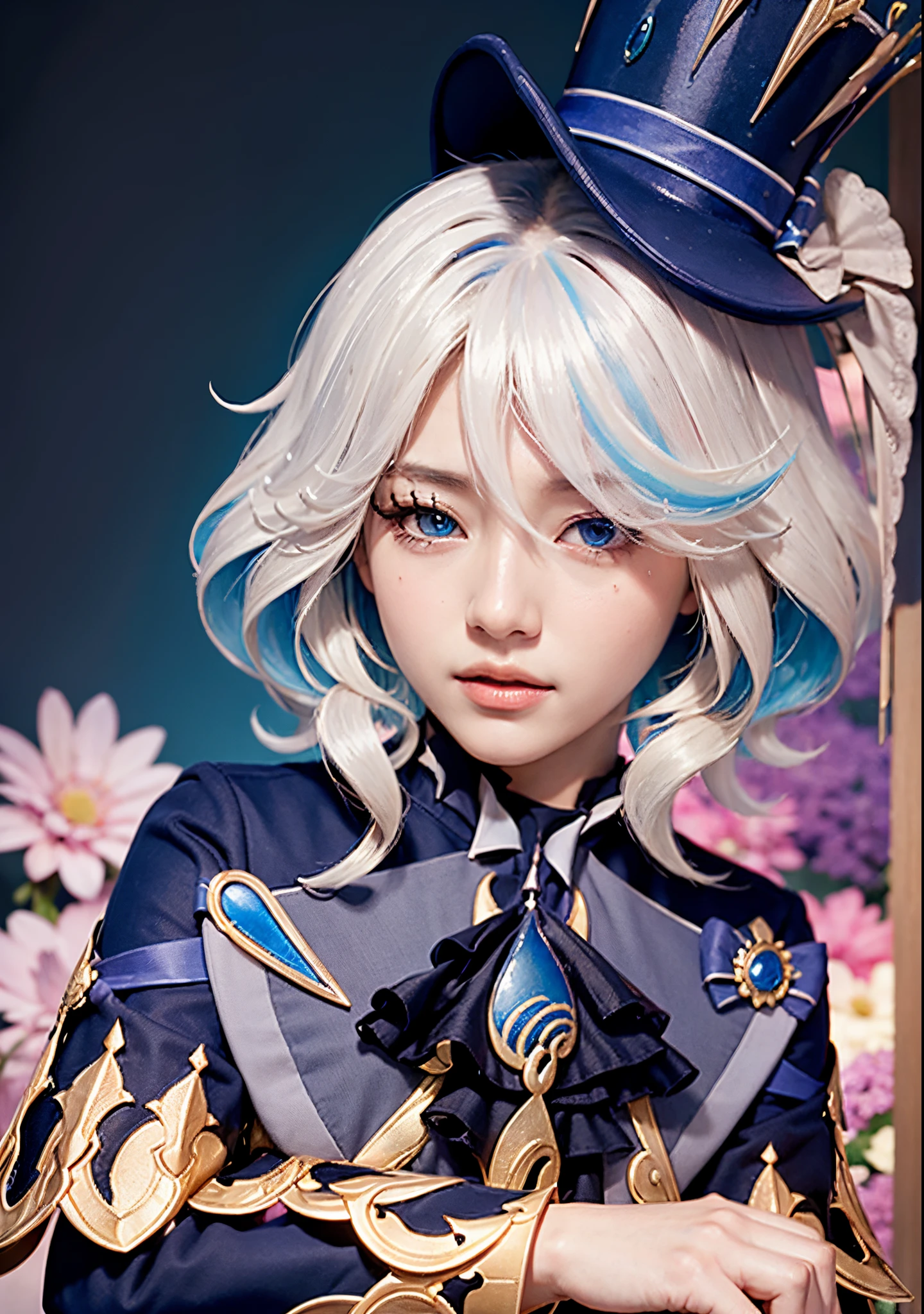 photoRealstic、Dynamic lighting、art  stations、poster for、Volume Lighting、extra detailed face、Hats、8K、Raw photo、hight resolution、awardwinning、女の子 1 人、cowboy  shot、long、white  hair、The background is full of flowers、a large amount of flowers、